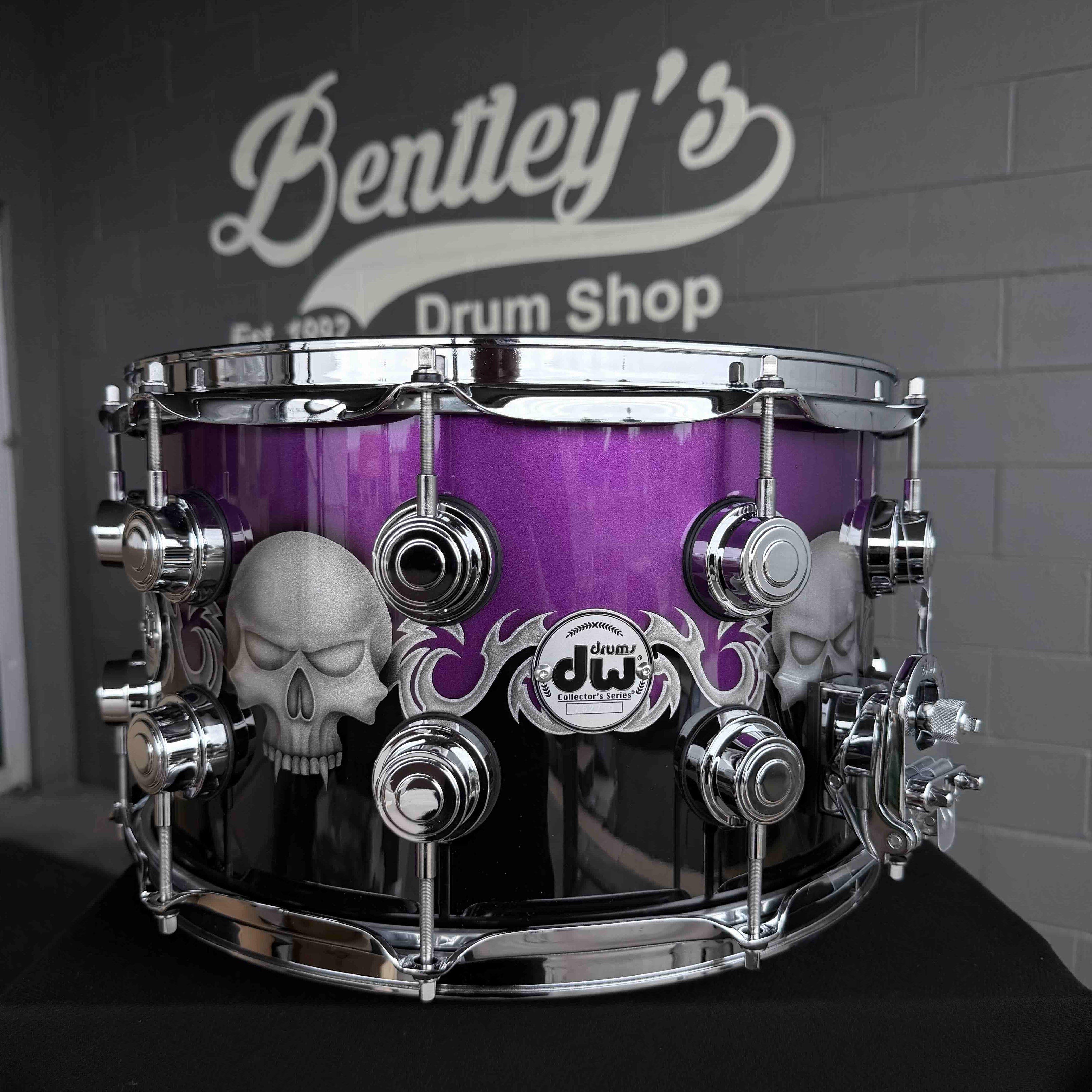 ~NEW~ DW Collector's Series SSC Pure Maple 8x14 Snare Drum in Exotic Sawblades & Skulls Graphics w/ Chrome Hardware